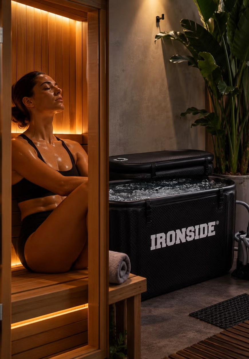 Sauna infrarrojo de madera junto a un cold plunge con agua fría y limpia en MOOV